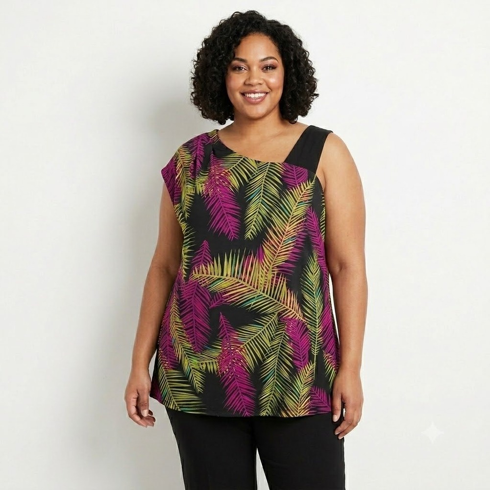 Penningtons Palm Leaf Print Sleeveless Top Womens 5X Black Tropical Asymmetrical